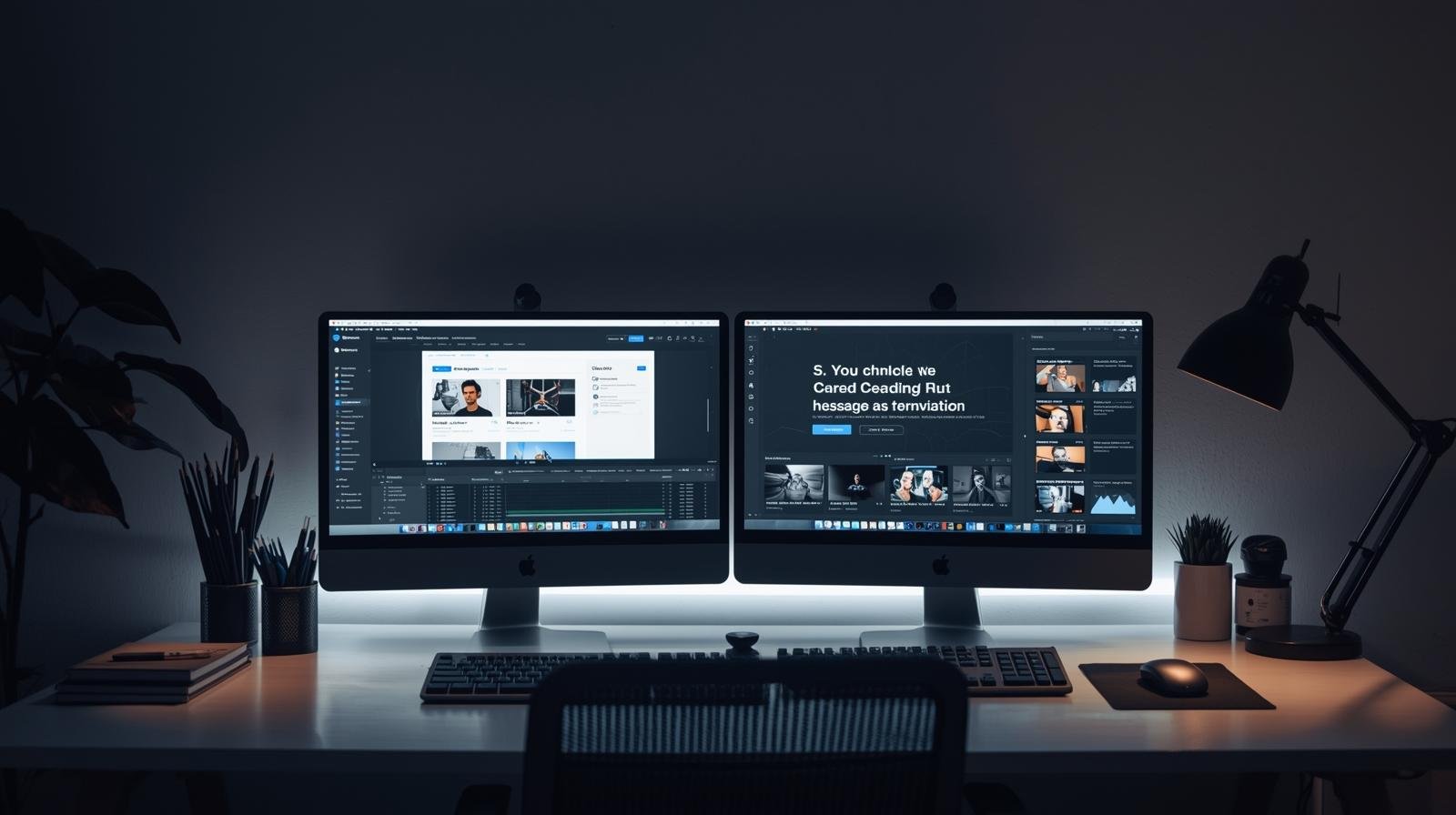 Poste de travail moderne avec double écran affichant la création d’un site web – Nexite, agence web et design digital en Corse