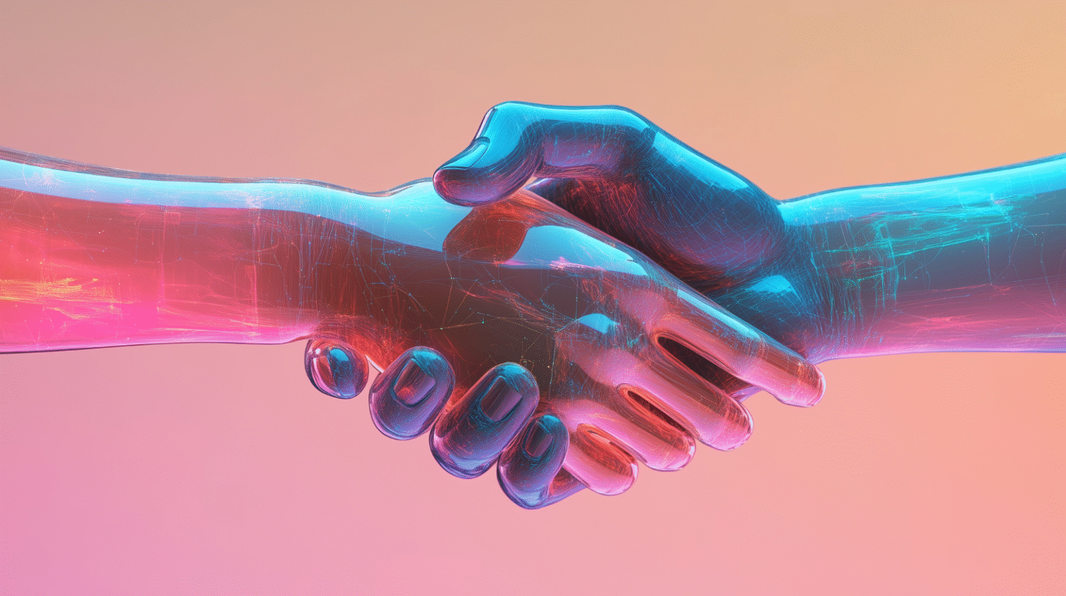 Poignée de main numérique symbolisant l’alliance du design et de la performance – Nexite, agence web et design digital en Corse