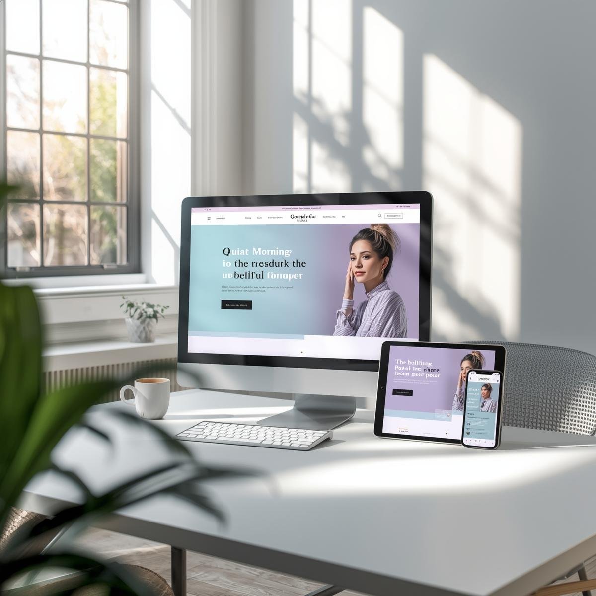 Bureau moderne avec ordinateur affichant un site web finalisé, ambiance lumineuse et professionnelle.