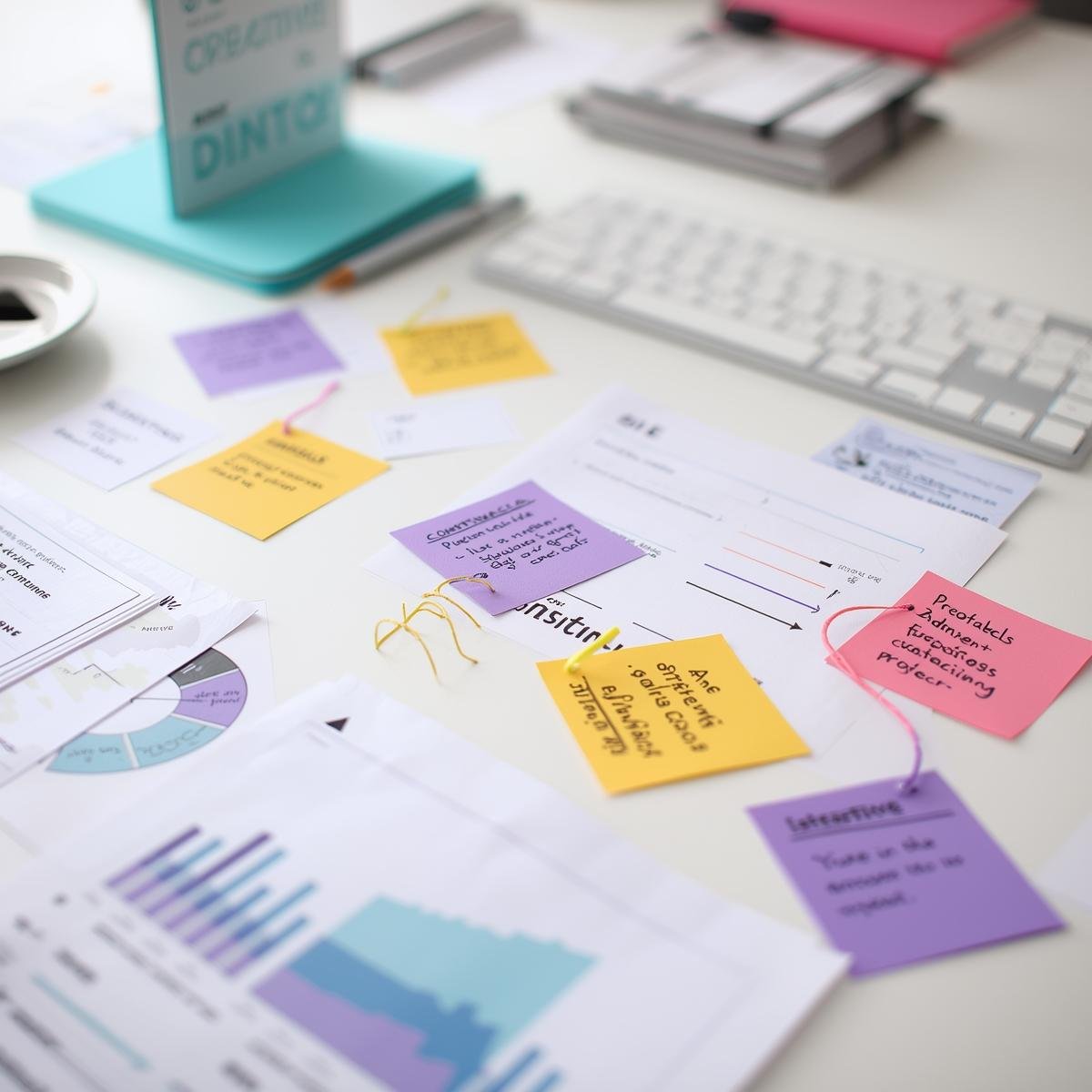 Planification de projet web et cadrage des objectifs, documents de travail colorés sur un bureau.