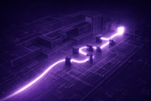 Illustration d’un plan architectural violet représentant un parcours utilisateur bloqué par des obstacles, symbolisant les erreurs UX qui freinent les conversions.
