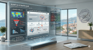 Audit UX stratégique affichant analyse de données, psychologie utilisateur et objectifs business pour optimiser la conversion et la performance web.